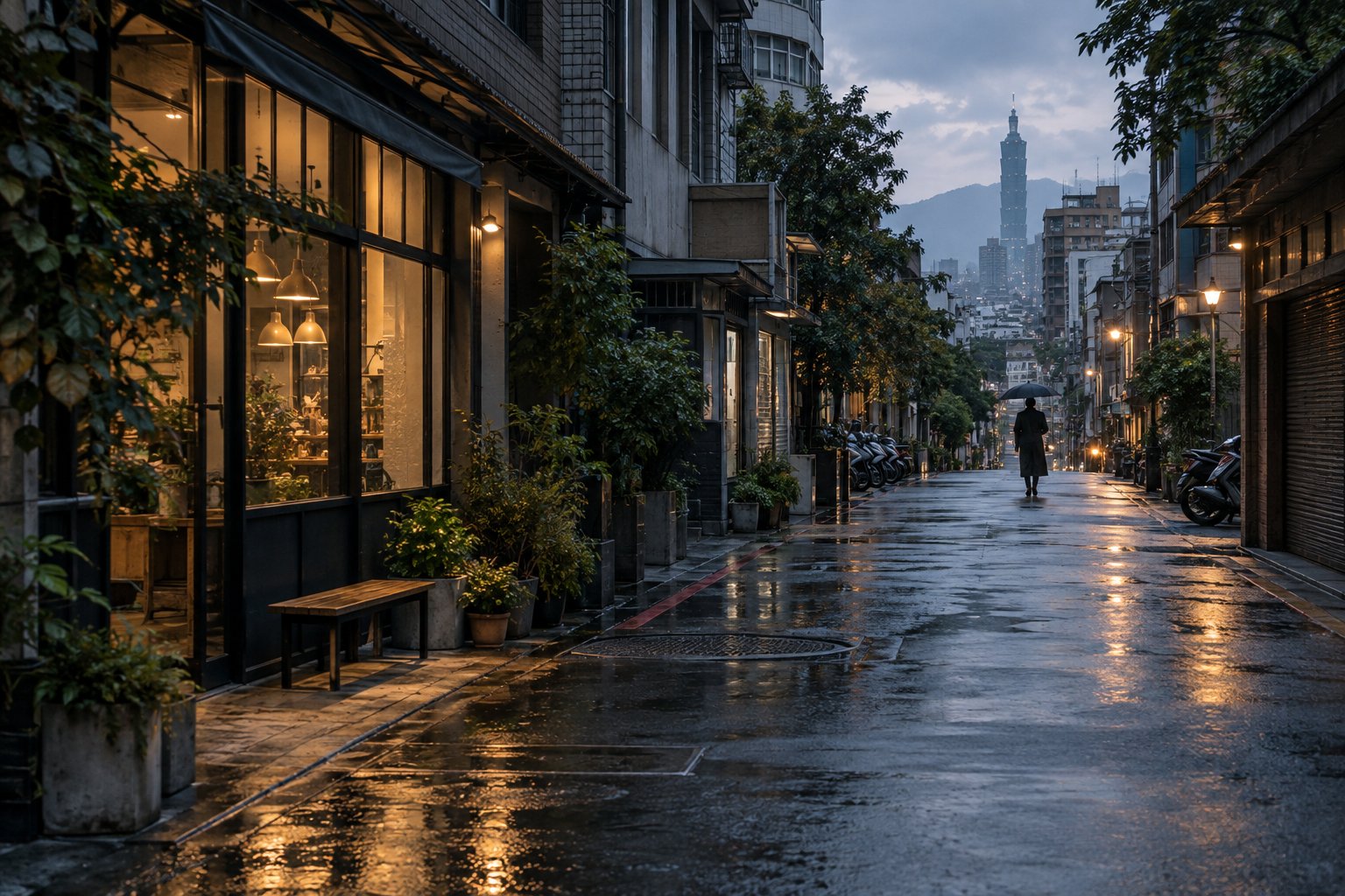 雨後的台北街道與遠方城市景色